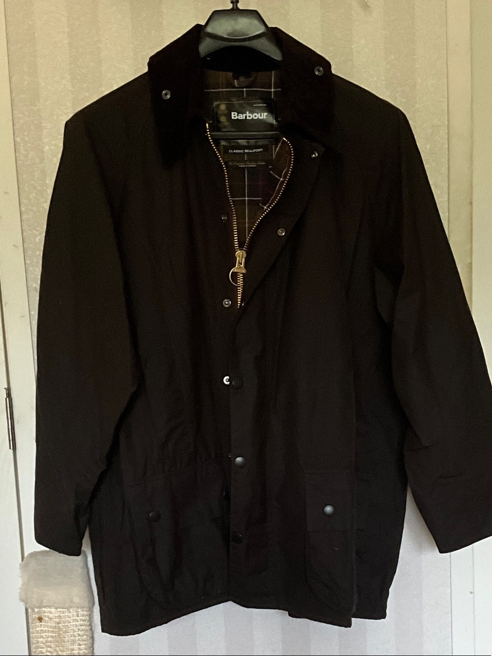 Pristine Condition! Barbour Olive Waxed Cotton Field Coat With Tartan Lining
